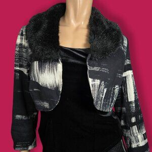 Vintage Bolero Jacket Faux Fur Collar Size L Black White Abstract Print Italy